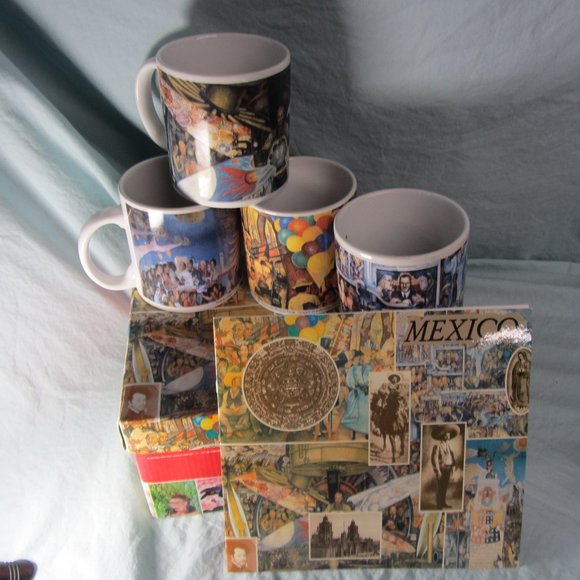 11 oz NIB 4 mugs Second Federal Savings Diego Rivera art mugs Mexico (w1464)